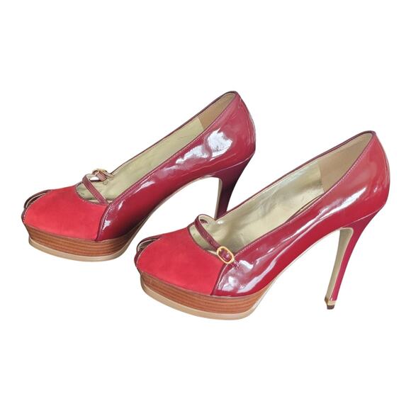 Guess By Marciano High Heels Red Suede Leather Peep Toe Women's US 6.5M - Picture 4 of 11
